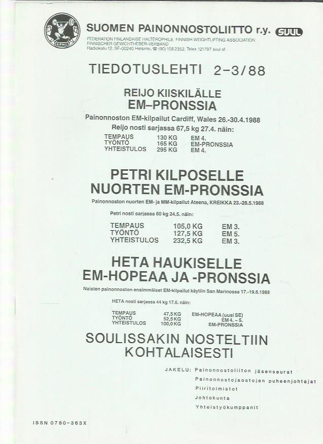 Suomen painonnostoliitto . tiedotuslehti 1988 / 2-3 – 