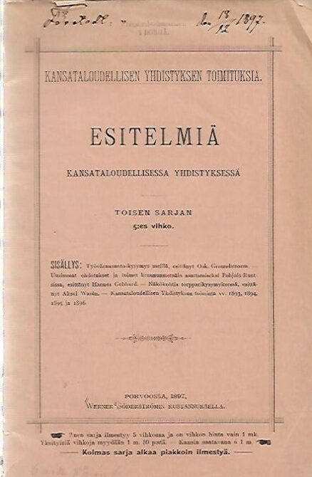 Esitelmiä Kansantaloudellisessa yhdistyksessä - Toisen sarjan 5:es vihko