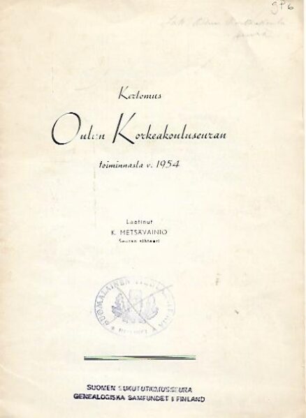 Kertomus Oulun Korkeakouluseuran toiminnasta v. 1954