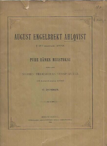 August Engelbrekt Ahlqvist - Puhe hänen muistoksi