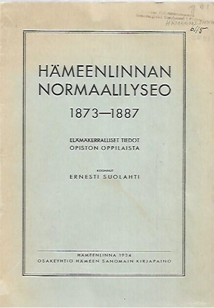 Hämeenlinnan Normaalilyseo 1873-1887: Elämänkerralliset tiedot koulun oppilaista