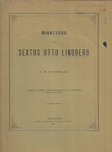 Minnesord öfver Sextus Otto Lindberg
